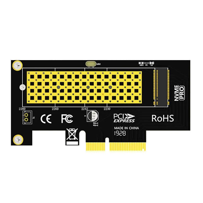 Jiayi SK4 M.2 NVMe adapter card with immersion gold PCBA and LED indicator placed in PCIe slot