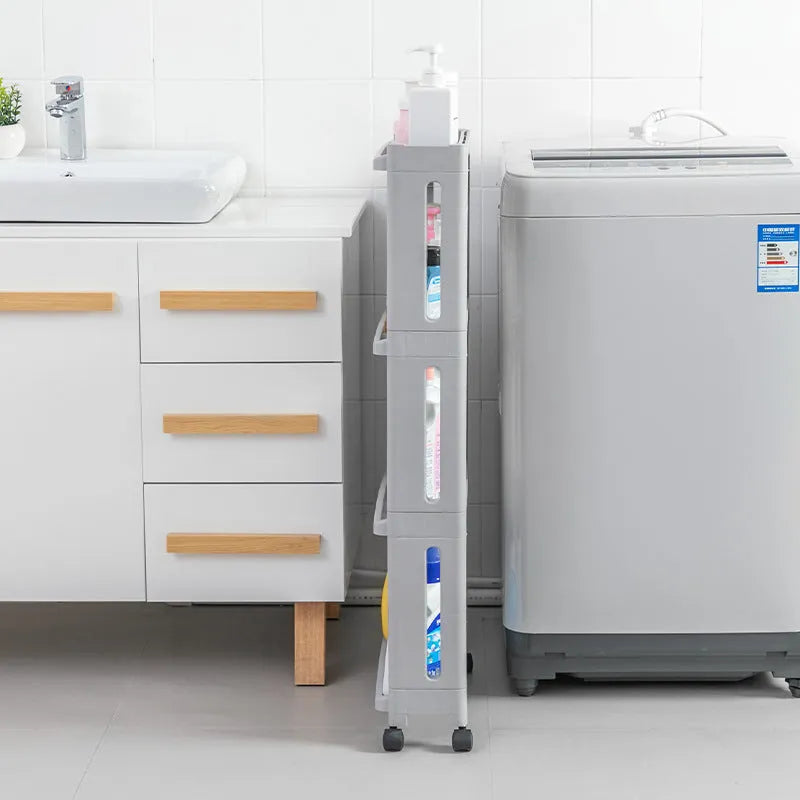 Plastic kitchen storage rack with wheels, multi-layer, narrow gap design, white colour