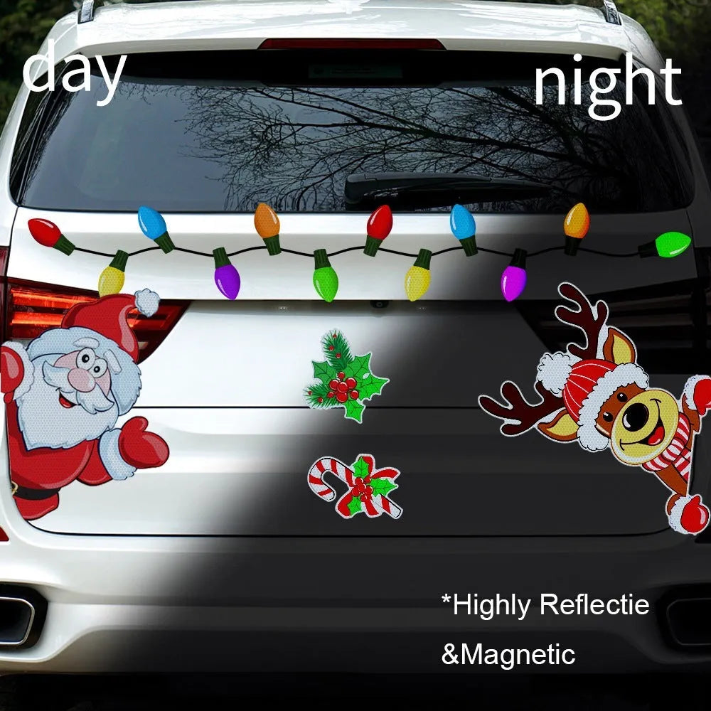 Medium-sized reflective cartoon Christmas elk sticker with magnetic backing.