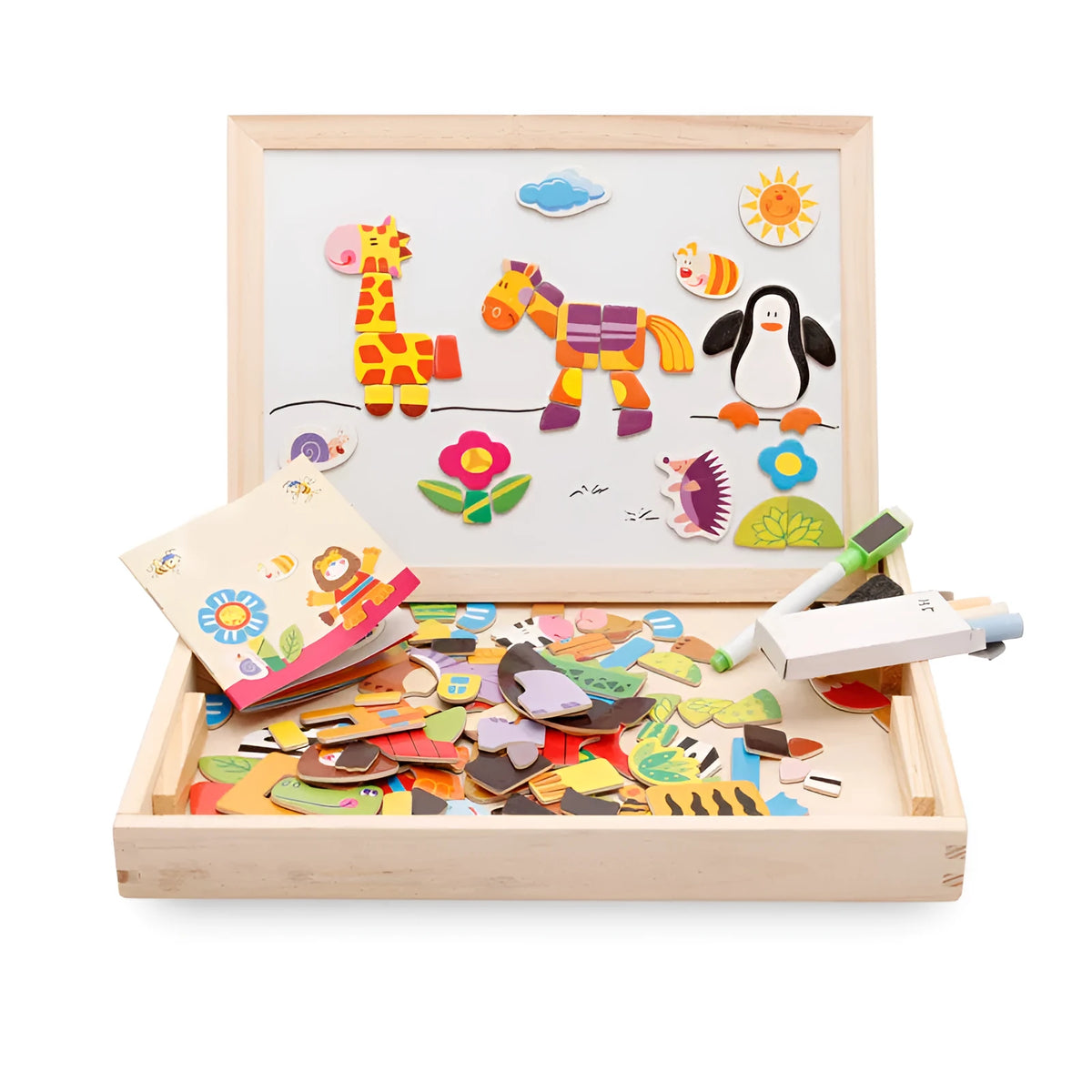 Children's magnetic animal jigsaw puzzle toy with double-sided easel, drawing board, blackboard, magnetic wood, 31cm x 24cm