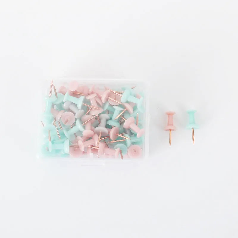 Assortment of Morandi colour push pins including green, grey, and pink tones with different head shapes