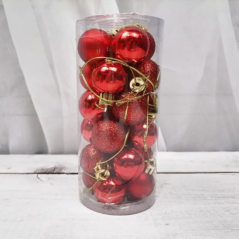 Set of 24 shiny and matte finish Christmas ball ornaments in assorted colours, each 3cm in diameter.