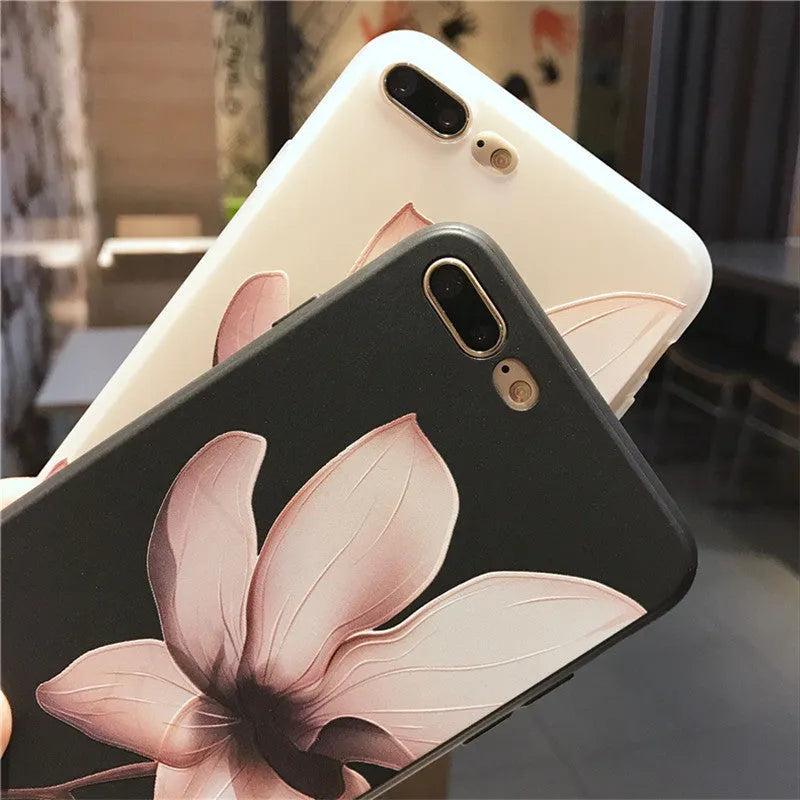 Embossed flower pattern TPU phone case for iPhone in black and white options