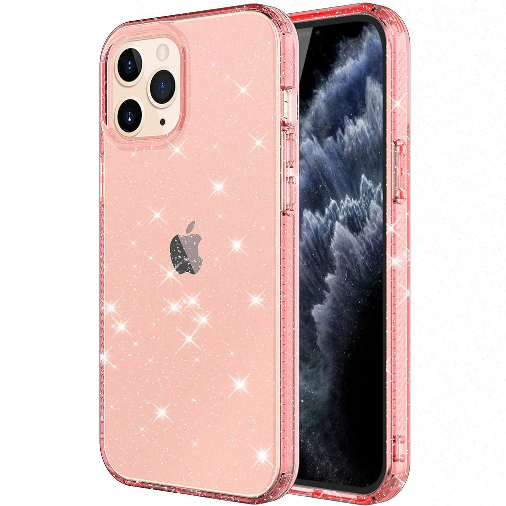 Glitter transparent TPU phone case for Apple iPhone 12 Pro Max in pink, black, purple and clear colours.