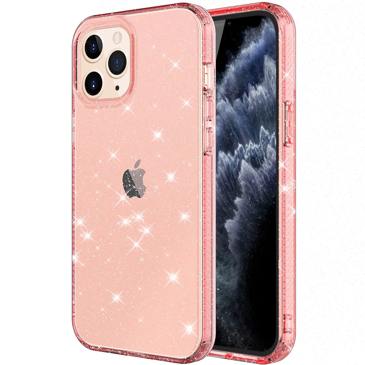 Glitter transparent TPU phone case for Apple iPhone 12 Pro Max in pink, black, purple and clear colours.