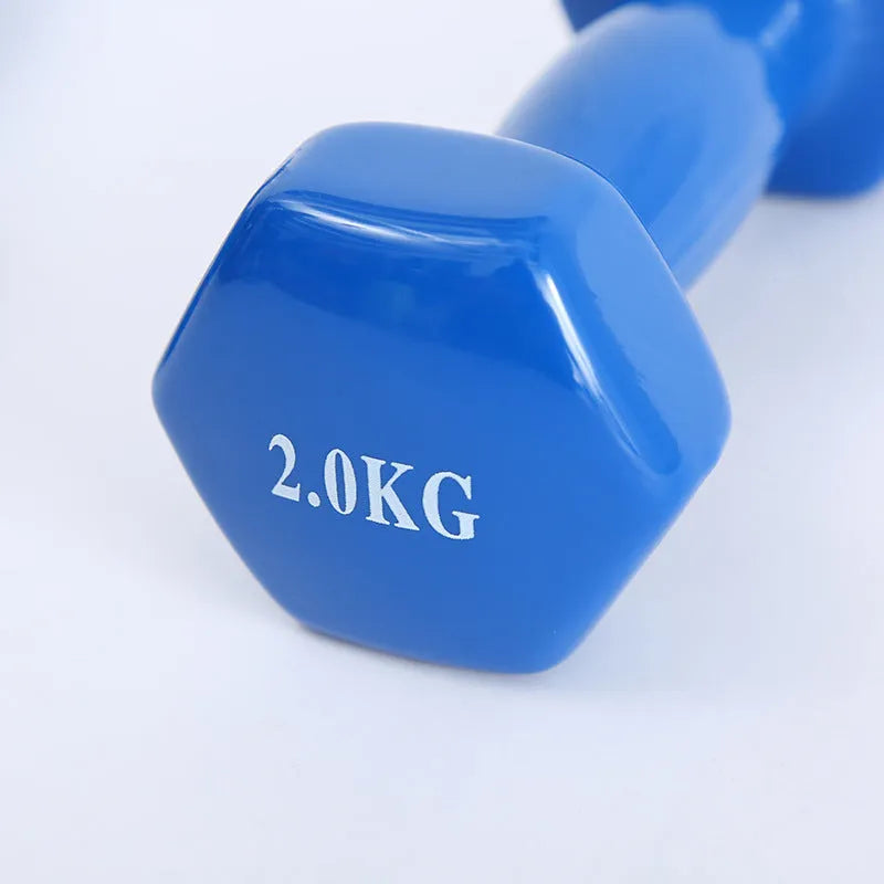 Set of bright coloured plastic fitness dumbbells in different weights on a floor.