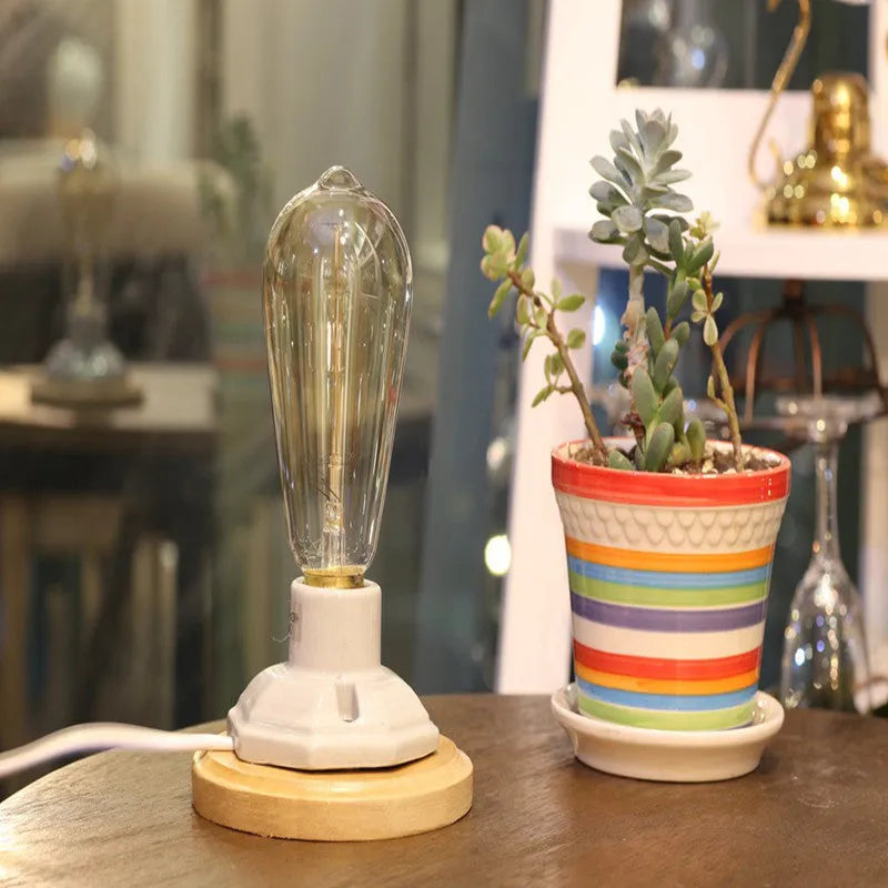Retro ceramic table lamp with wooden base, glass shade, and a dimmer switch in American Country style.
