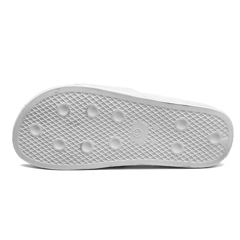 Men's black and white open toe slippers with a rubber sole, shown in large sizes.