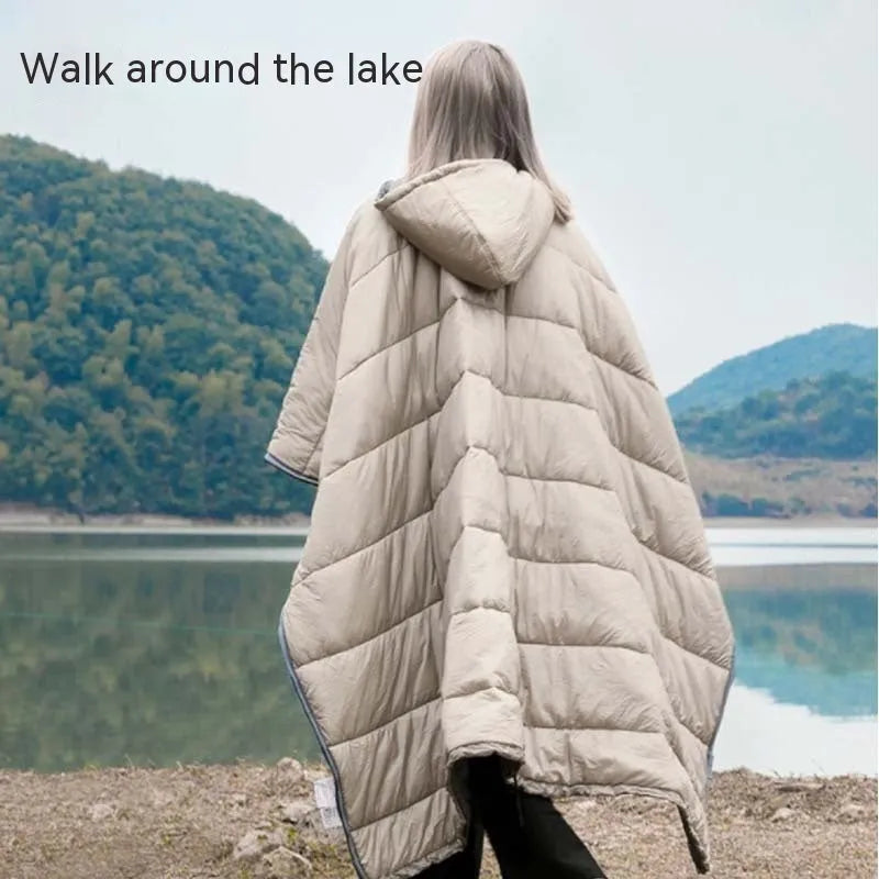 Army Green outdoor cloak sleeping bag with nylon shell shown in wearable configuration