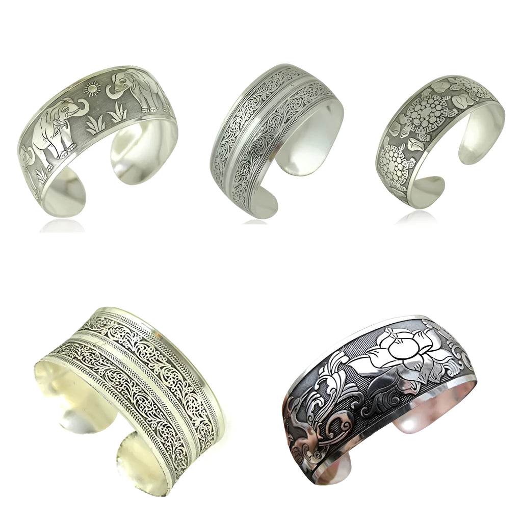 Ethnic carved open Miao silver bracelet with Roman shape and detailed openwork pattern