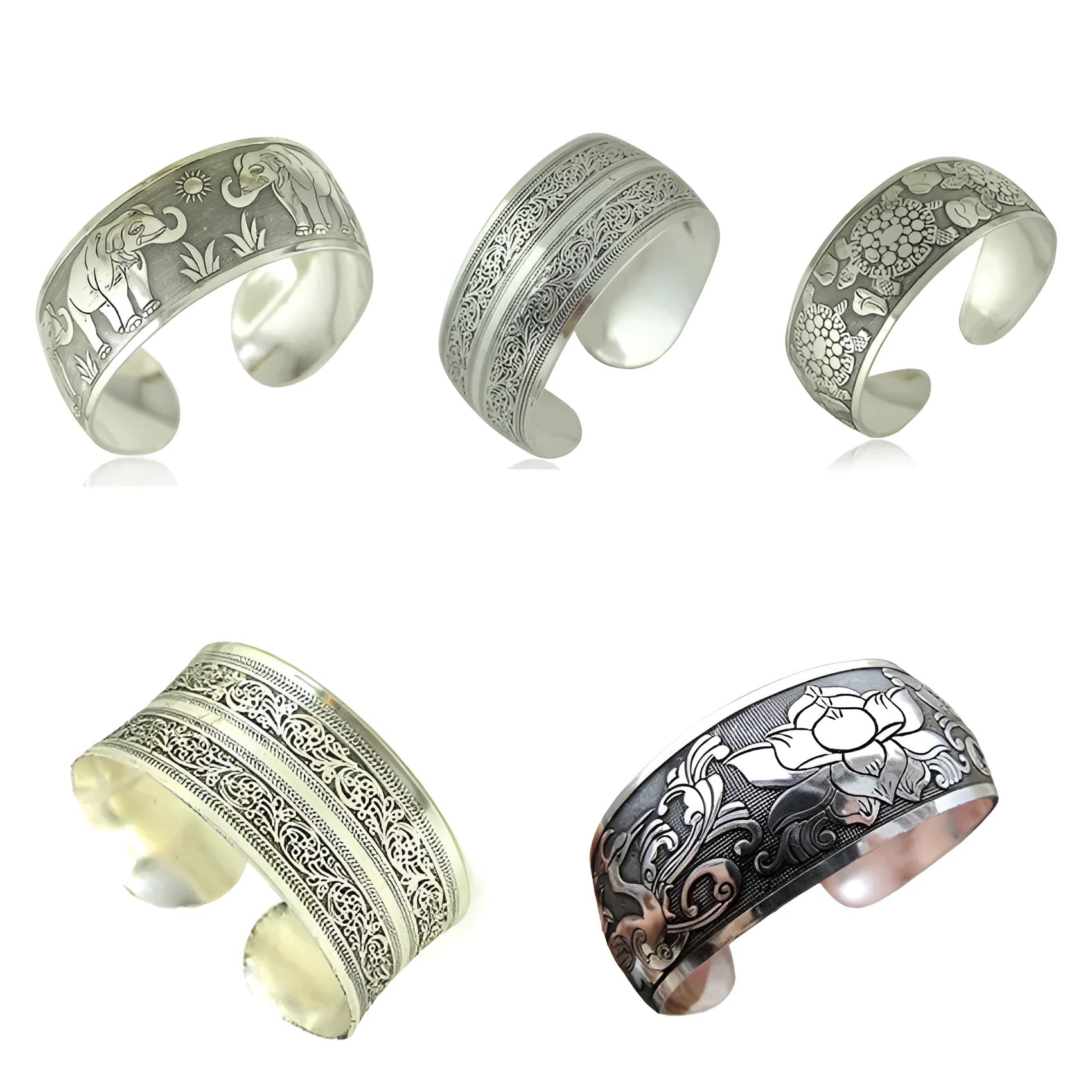 Ethnic carved open Miao silver bracelet with Roman shape and detailed openwork pattern