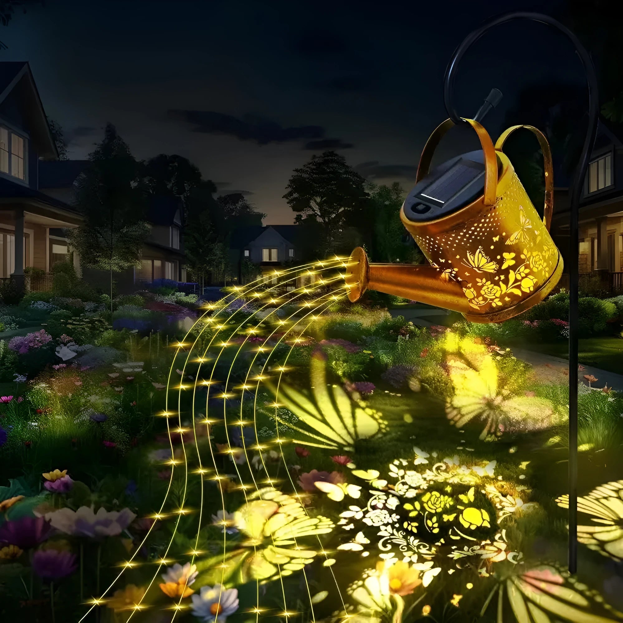 Solar butterfly kettle courtyard light with wrought iron construction measuring 210mm tall