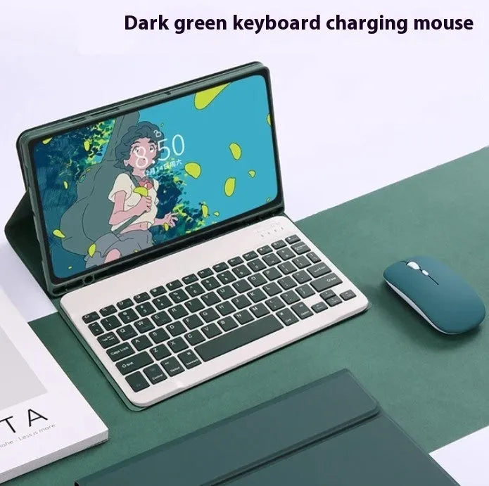 Samsung Galaxy Tab keyboard case set with TPU protective shell, Bluetooth keyboard, and charging mouse in multiple colours