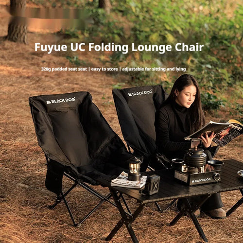 Night black folding moon chair with Oxford cloth seat and steel frame folded for portable transport