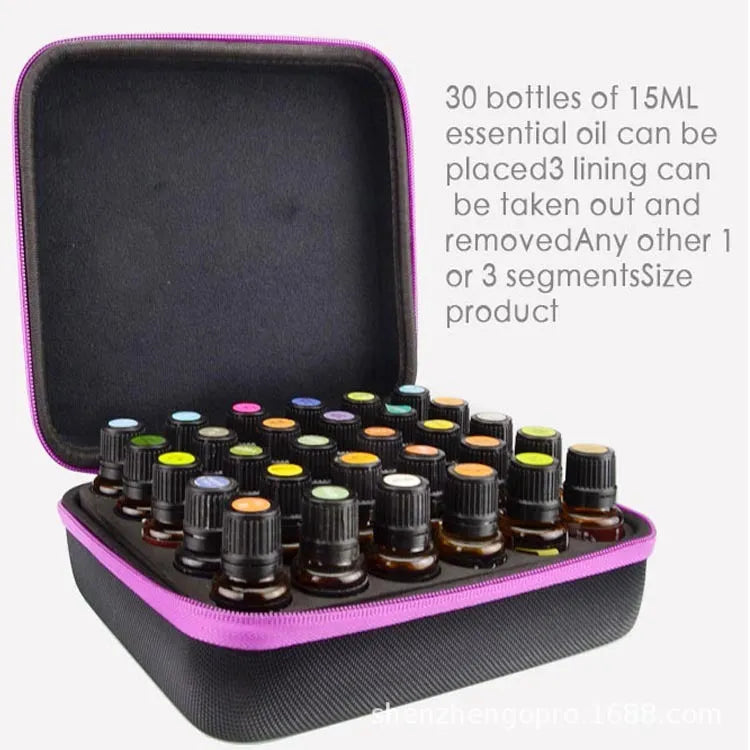 Red EVA essential oil storage bag with 30 compartments hanging on wall