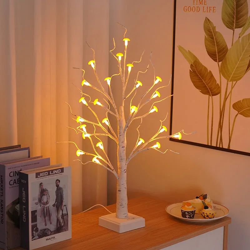 60cm tall white birch tree LED lamp with 24 small removable mushroom lights