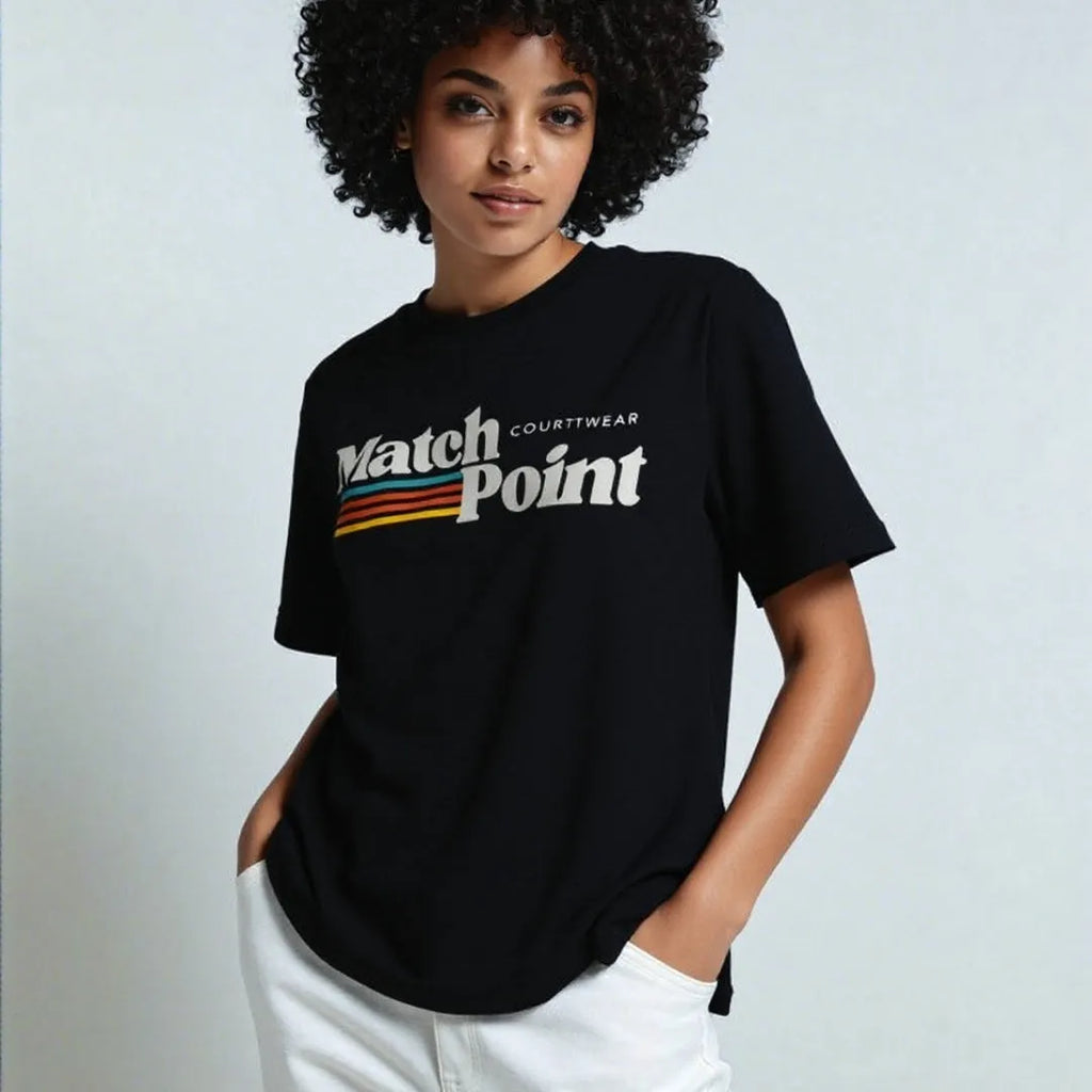 Black men's t-shirt with white 3D digital printed text pattern on the front, showing round neck and short sleeves.