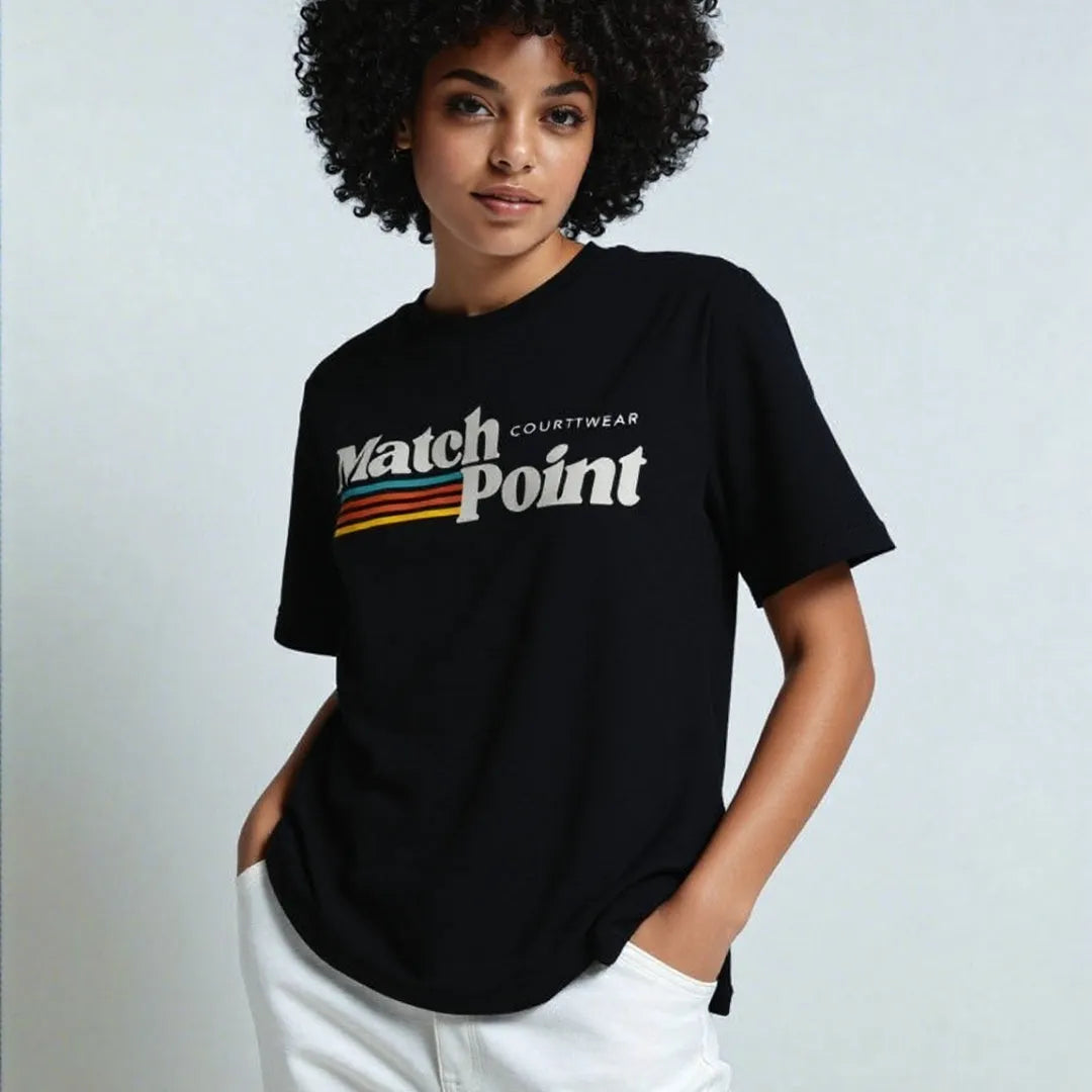 Black men's t-shirt with white 3D digital printed text pattern on the front, showing round neck and short sleeves.