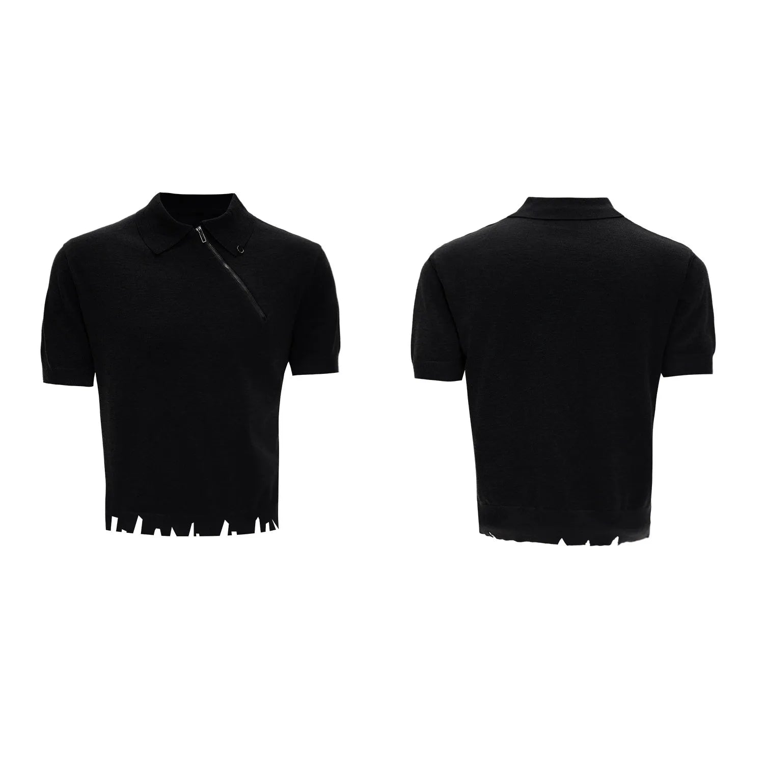 Man modelling a slim-fit black knitted polo shirt with an oblique zip closure and short sleeves.
