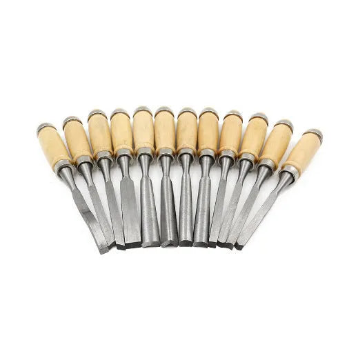 12-piece high carbon steel wood carving chisel set on a workbench