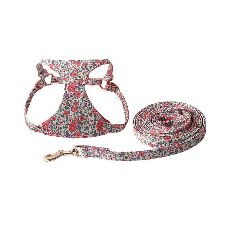 Floral pattern pet harness with matching leash for small dogs in multiple colour options