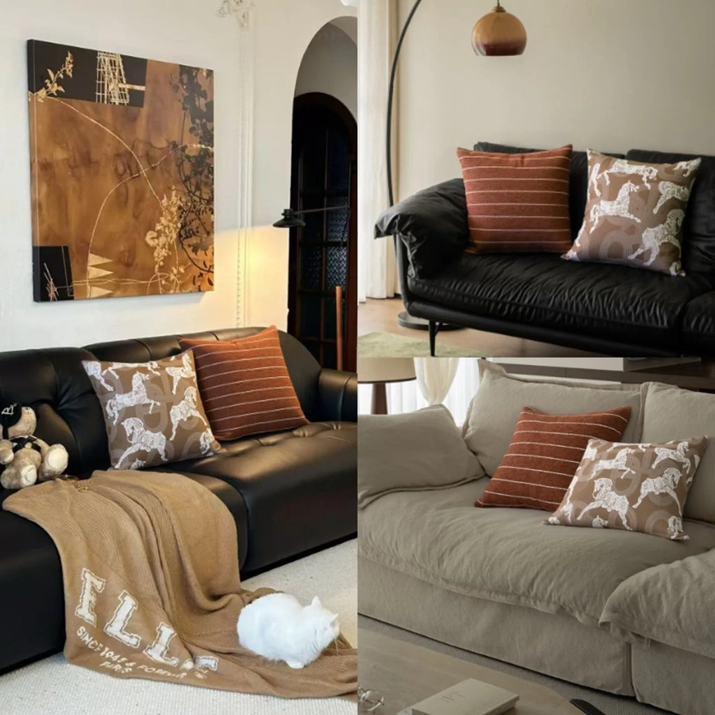 Chinese style square cushion pillow with geometric pattern in brown, red-brown, tea brown, or yellow-brown.