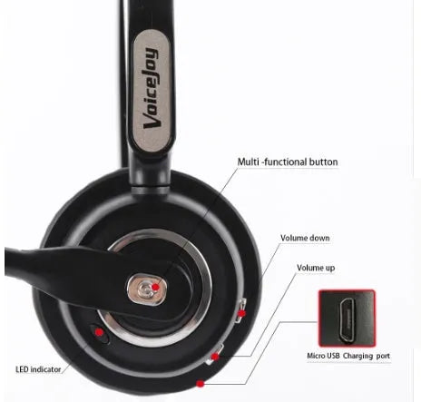 Over-ear Bluetooth headset with microphone, designed for truck drivers and office use with noise cancellation.