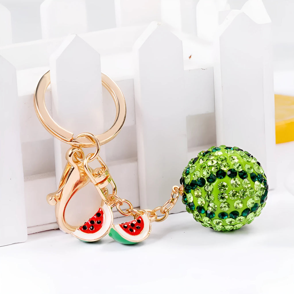 Green watermelon slice zinc alloy keychain measuring 12cm with keyring loop.