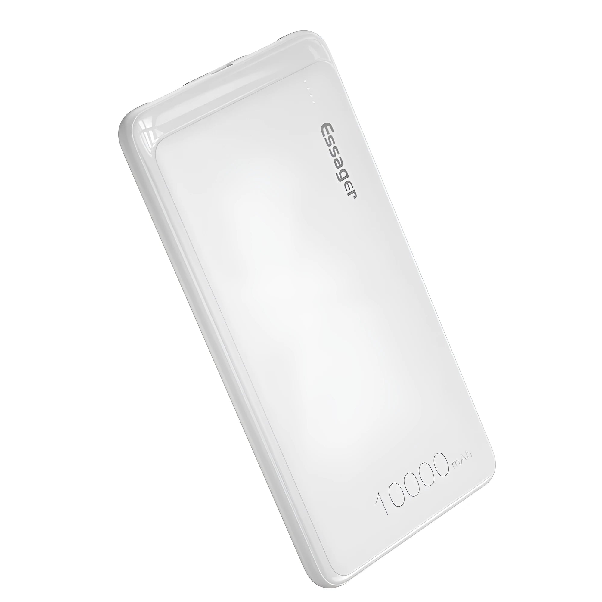 Essager Small Jane black and white 10000mAh portable power bank showing dual USB ports and LED indicator lights.