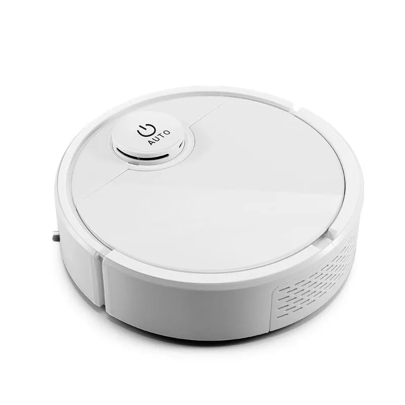 Automatic sweeping robot cleaner with a square body, shown on a hardwood floor.