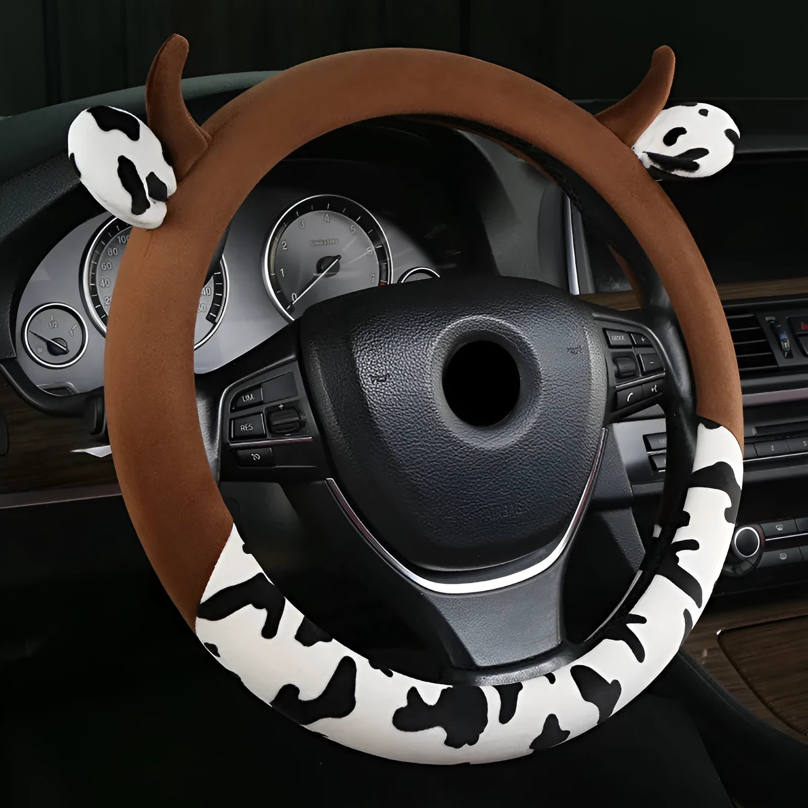 Short plush automotive steering wheel cover in black or coffee colour options showing soft fabric texture