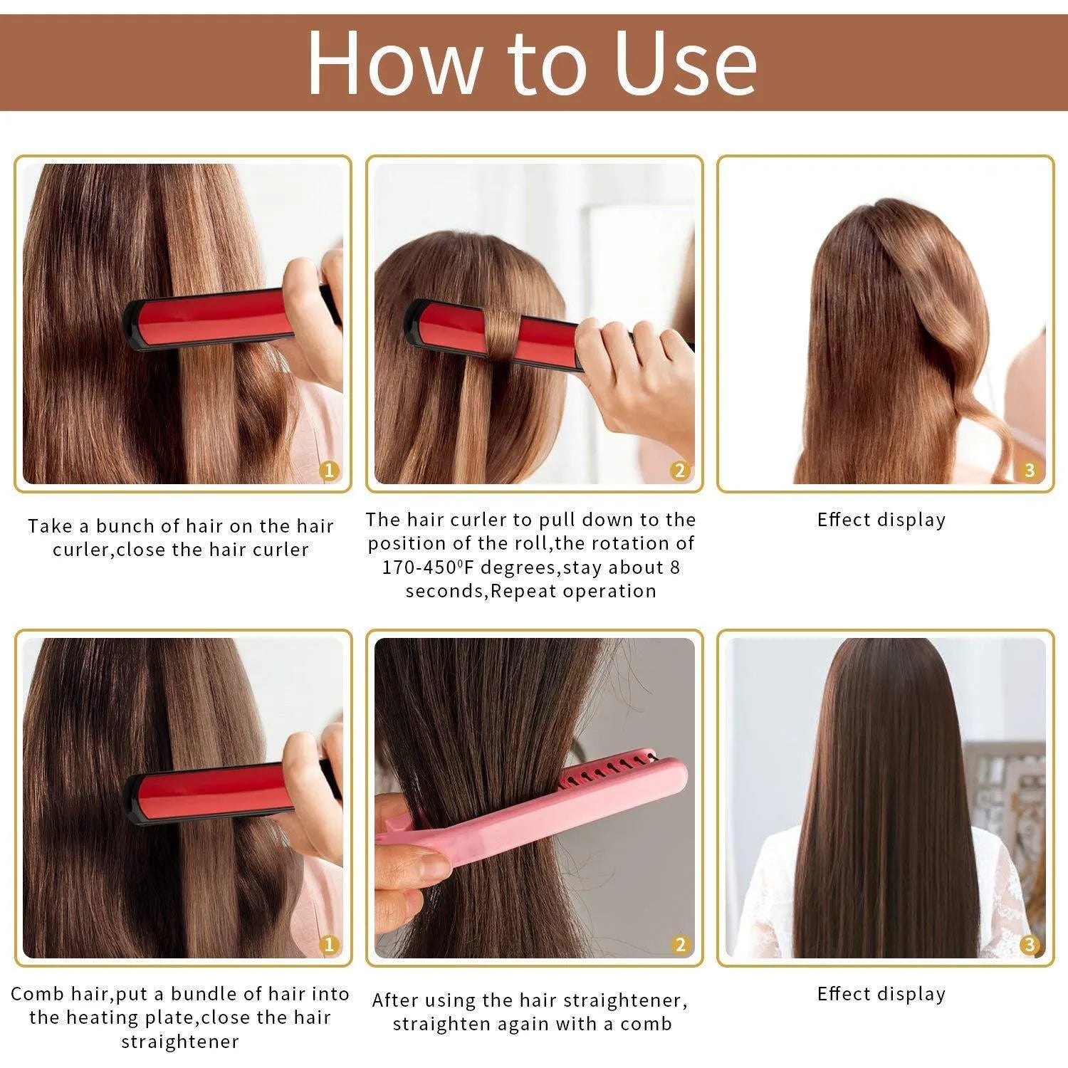 Black hair straightener with tourmaline ceramic plates and narrow 15mm heat conductor