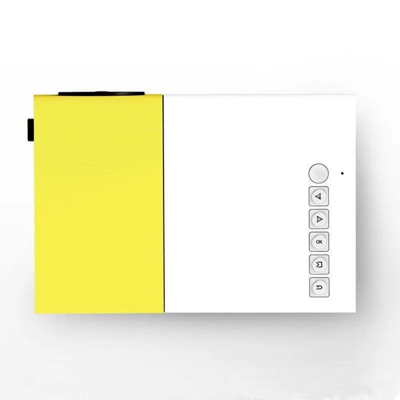 Yellow 1080p LED mini projector YG-300 with HDMI, USB, and TF card slots for portable home cinema