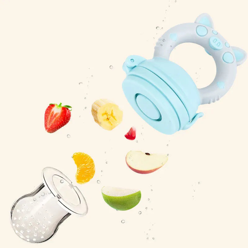 Silicone baby teether in blue colour with multiple textured mouthpieces for infant gum relief