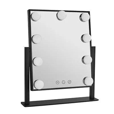 Black LED vanity makeup mirror with 9 bulbs mounted on a wall, 31x36cm