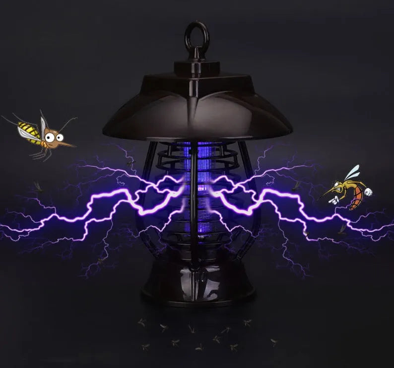 White and black solar-powered outdoor mosquito lamp with solar panel on top and LED light body.