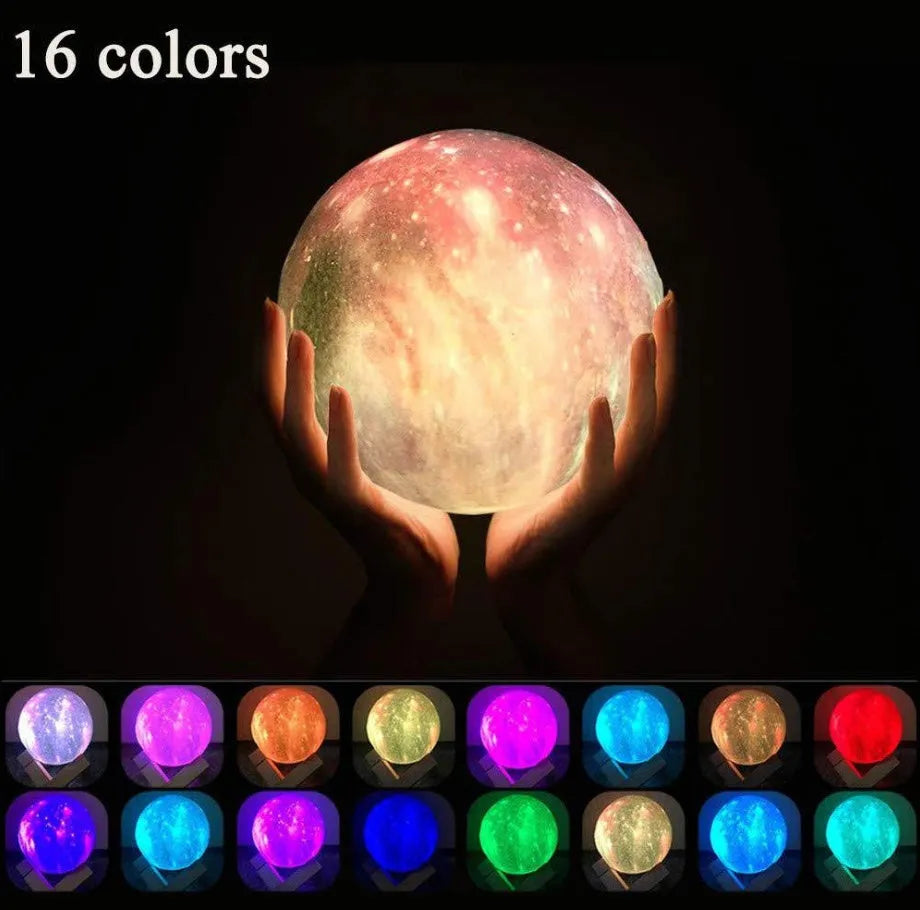 3D-printed spherical moon night light glowing with colour-changing LEDs on a dark surface.