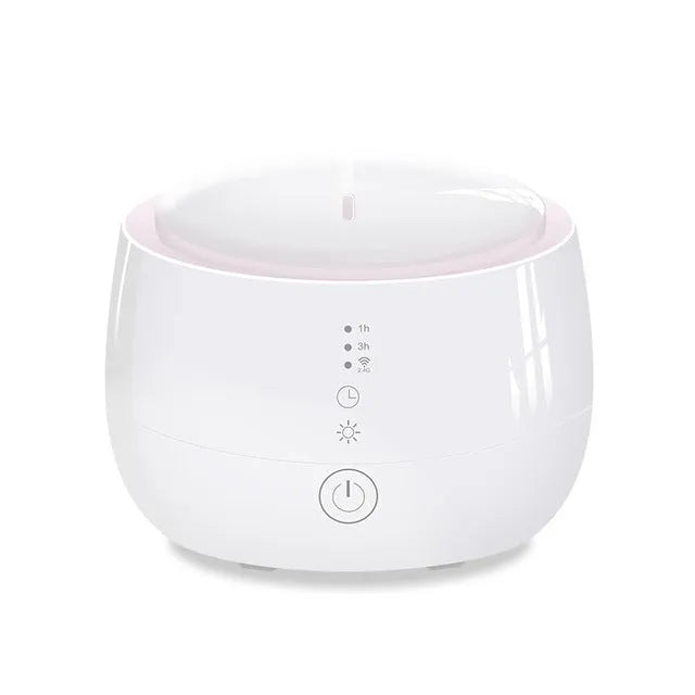 Smart home aromatherapy humidifier with 300ml capacity, colourful LED lights, touch panel, and UK plug in white