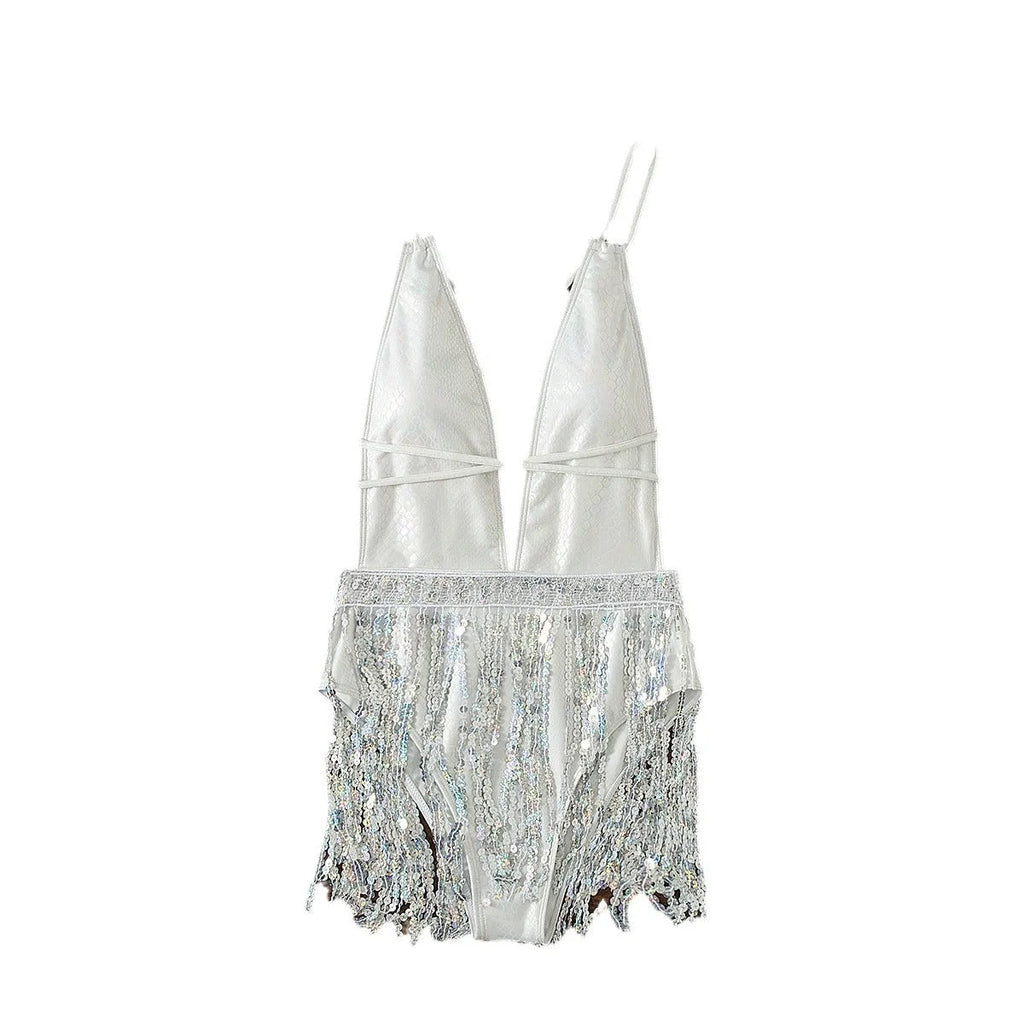 White women's one-piece swimsuit with deep V-neck and tassel details