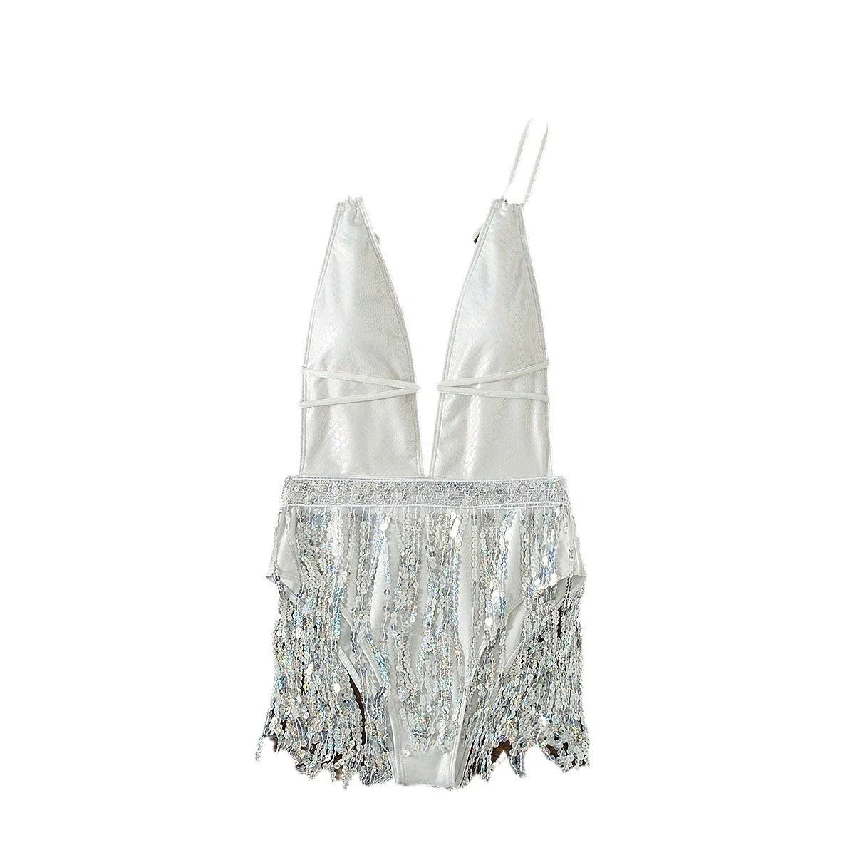 White women's one-piece swimsuit with deep V-neck and tassel details