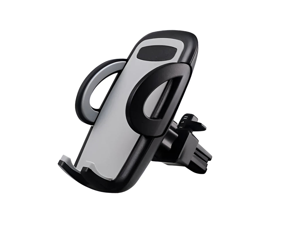 Black plastic car air vent phone holder attached to vehicle air conditioning outlet with mobile phone secured