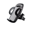 Black plastic car air vent phone holder attached to vehicle air conditioning outlet with mobile phone secured