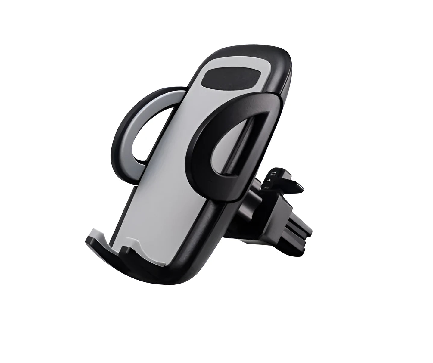 Black plastic car air vent phone holder attached to vehicle air conditioning outlet with mobile phone secured