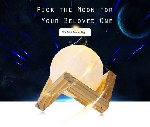3D printed white moon lamp on a wooden holder, showing detailed lunar surface and a glowing yellow light.