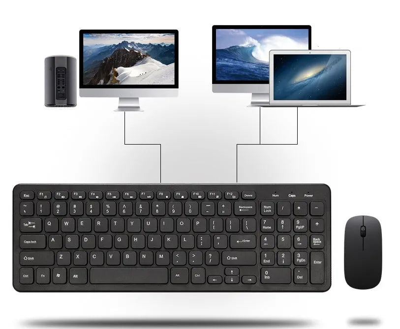 Wireless keyboard and mouse set in black, white, pink, or blue colours with 96-key layout and adjustable DPI mouse