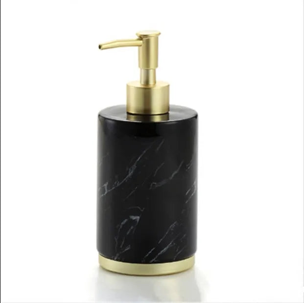 Bright glaze ceramic bathroom set with soap dish, toothbrush holder, cup, and emulsion bottle in black.
