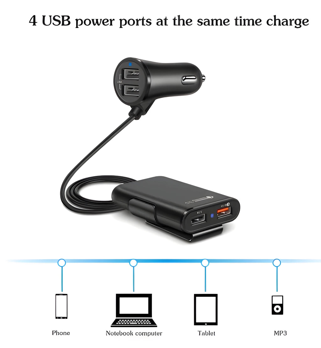 4 USB car charger with cable and clip, black or white, QC3.0, 1.7m cable