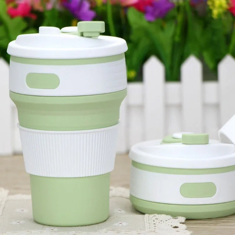 Collapsible silicone travel mug shown in expanded and folded states with colour options