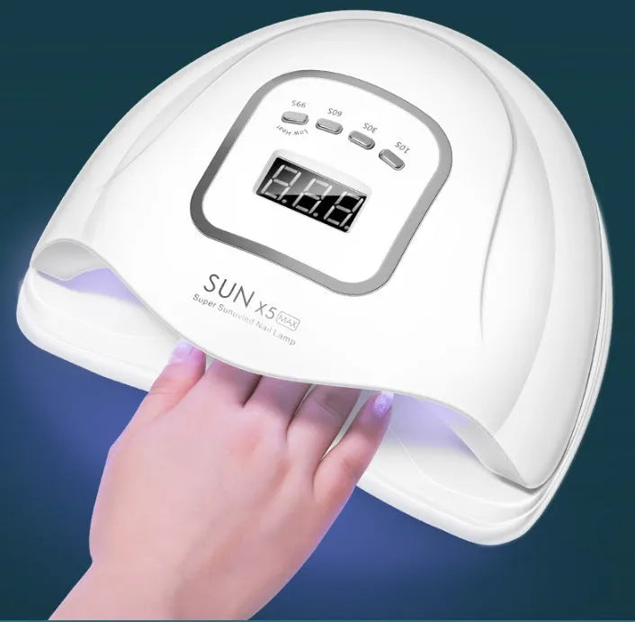 White nail polish drying lamp with dual UV/LED light source and timer controls