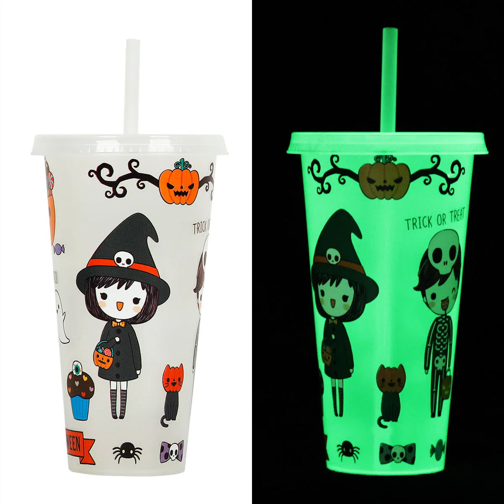 720ml plastic Halloween luminous straw cup in one of six colours, showing cylindrical shape and dimensions.